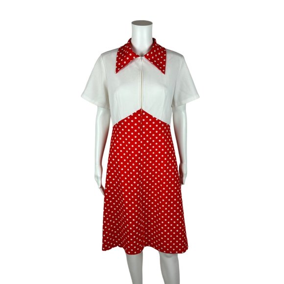 Vintage 70s Polka Dot Dress Women's Large Red White Front Zip Up Mini Minnie Bab - Picture 2 of 11